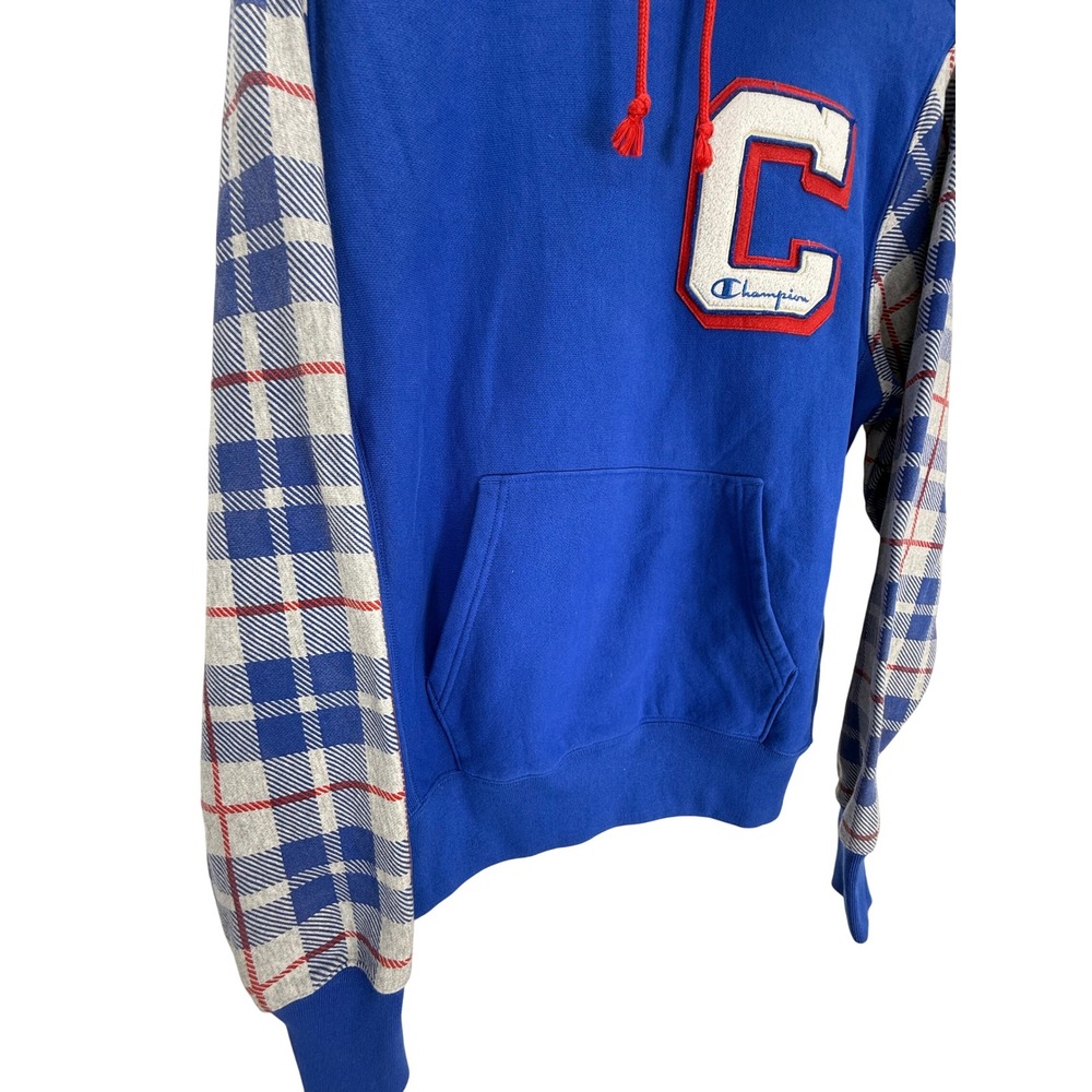 Champion Reverse Weave Blue Plaid Sleeve Hoodie Sweatshirt Men Medium - Picture 4 of 11